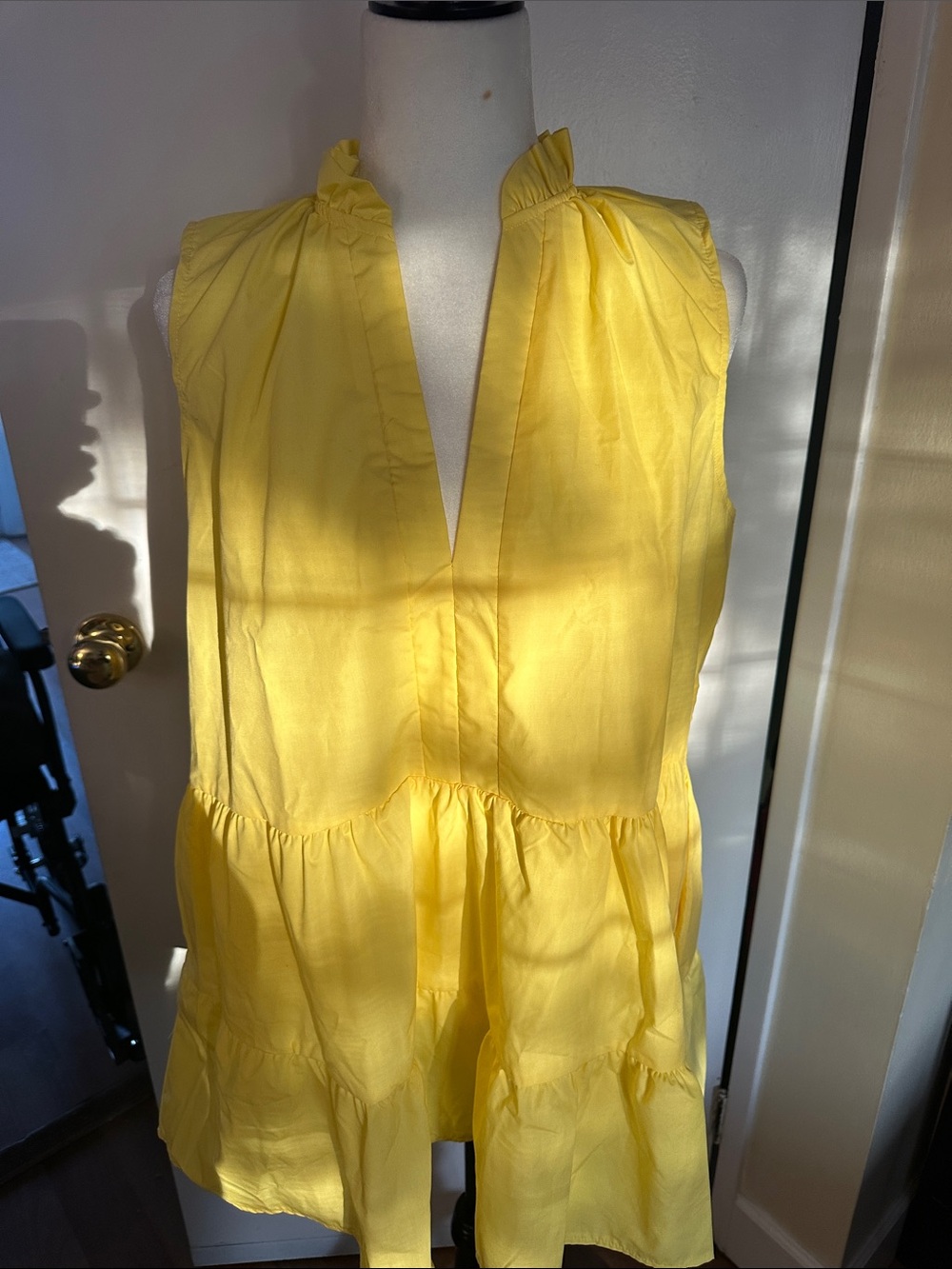 Sleeveless Yellow Mini Dress - V-Neck Tiered Ruffle